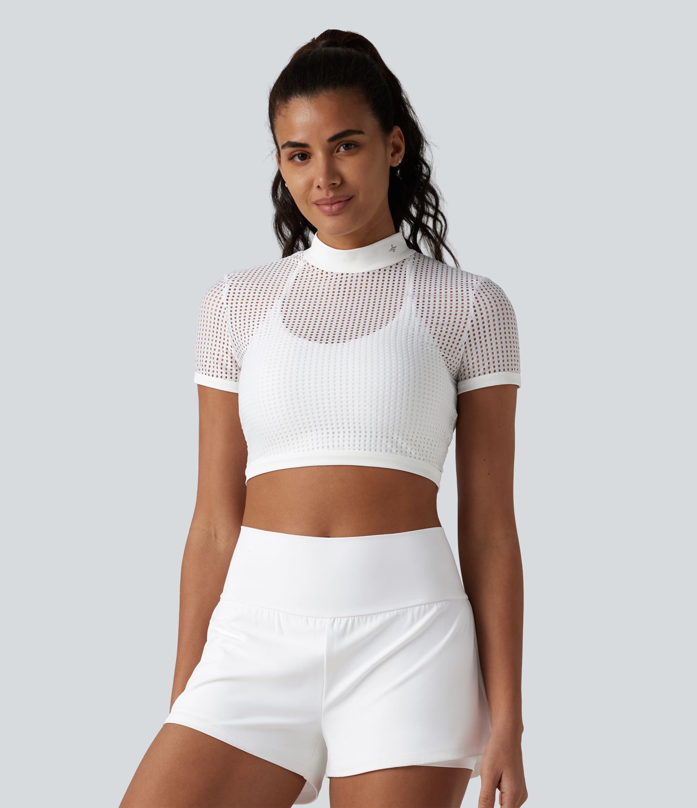 Mock Neck Short Sleeve Eyelet Cropped Running Sports Top-No Sports Bra Included