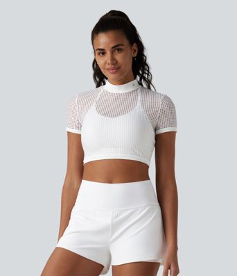 Mock Neck Short Sleeve Eyelet Cropped Running Sports Top-No Sports Bra Included