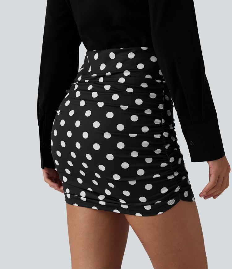 High Waisted Tummy Control Ruched Curved Hem Bodycon 2-in-1 Printed Mini Skirt