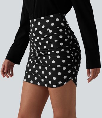 High Waisted Tummy Control Ruched Curved Hem Bodycon 2-in-1 Printed Mini Skirt