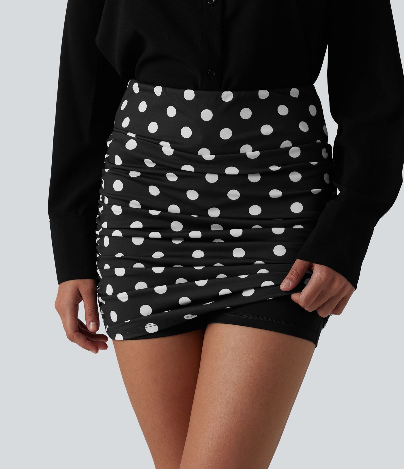 High Waisted Tummy Control Ruched Curved Hem Bodycon 2-in-1 Printed Mini Skirt