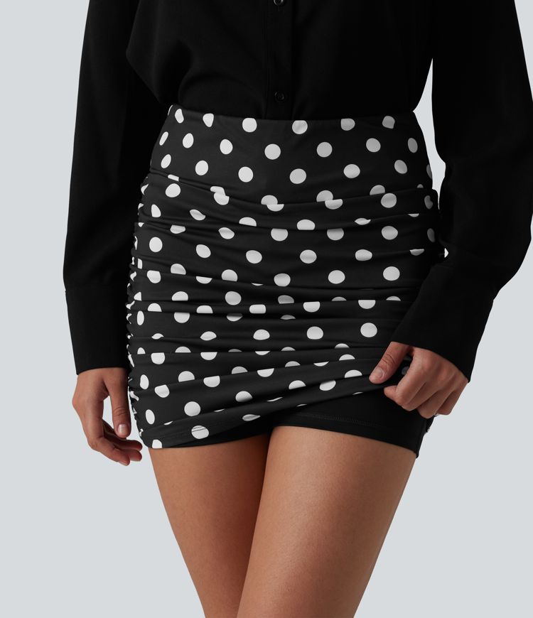 High Waisted Tummy Control Ruched Curved Hem Bodycon 2-in-1 Printed Mini Skirt