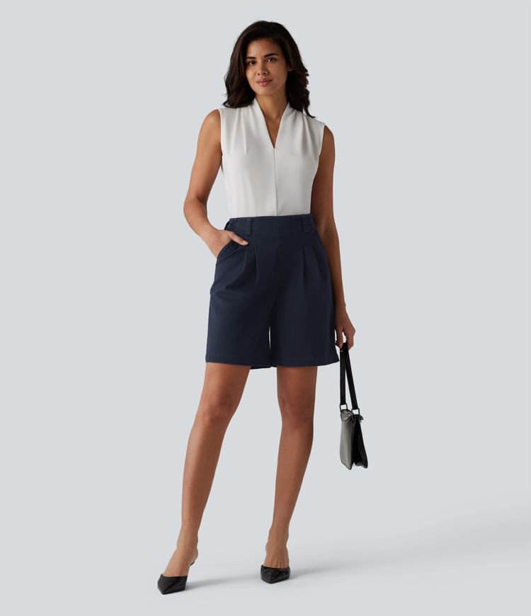 Short tailleur chino ample en coton plissé taille haute 17,5 cm avec poches