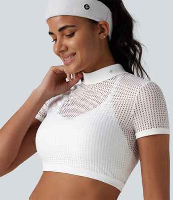 Mock Neck Short Sleeve Eyelet Cropped Running Sports Top-No Sports Bra Included