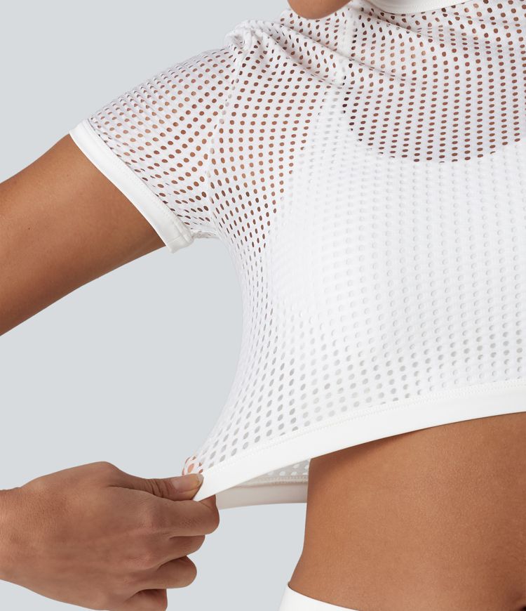 Mock Neck Short Sleeve Eyelet Cropped Running Sports Top-No Sports Bra Included