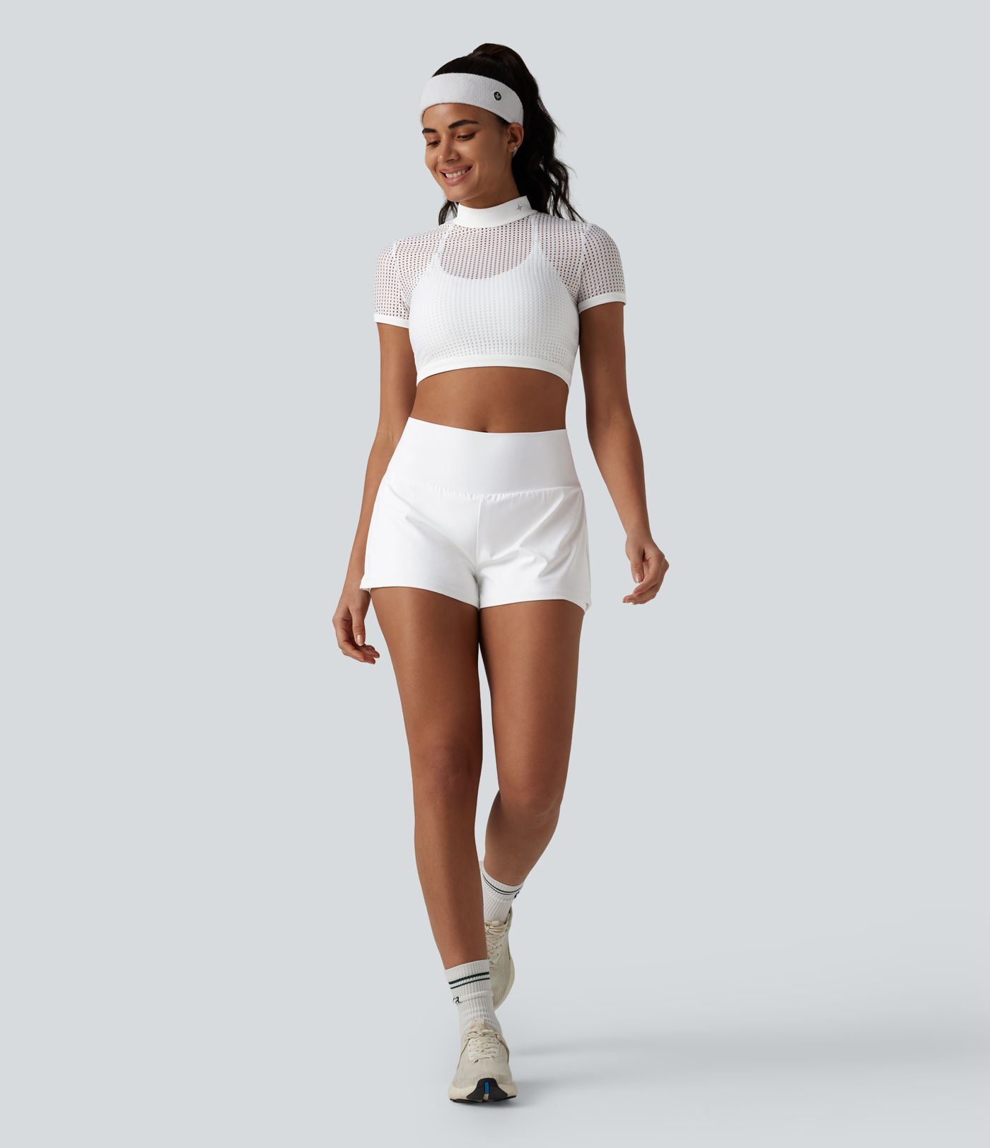 Mock Neck Short Sleeve Eyelet Cropped Running Sports Top-No Sports Bra Included