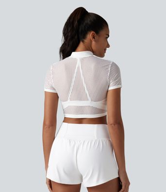 Mock Neck Short Sleeve Eyelet Cropped Running Sports Top-No Sports Bra Included