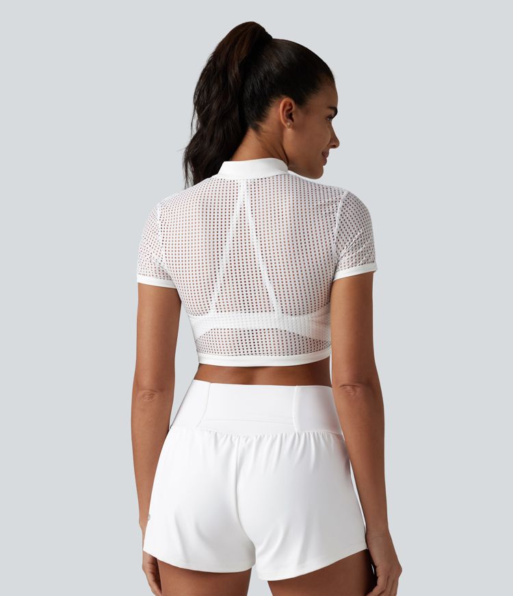Mock Neck Short Sleeve Eyelet Cropped Running Sports Top-No Sports Bra Included