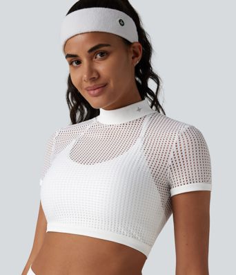 Mock Neck Short Sleeve Eyelet Cropped Running Sports Top-No Sports Bra Included