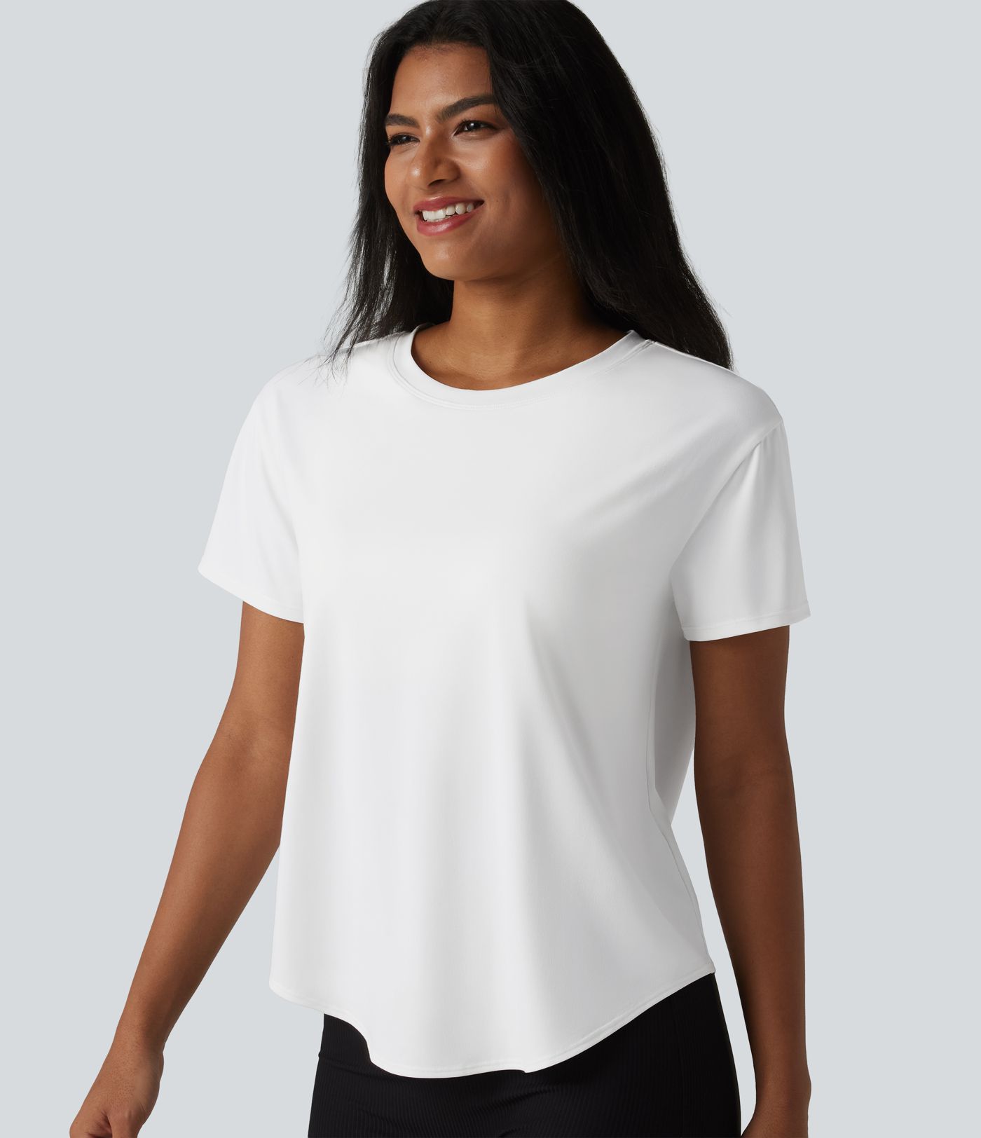 Round Neck Short Sleeve Built-in Bra Curved Hem Casual T-Shirt