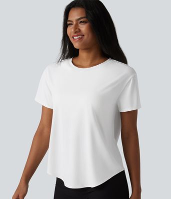 Round Neck Short Sleeve Built-in Bra Curved Hem Casual T-Shirt