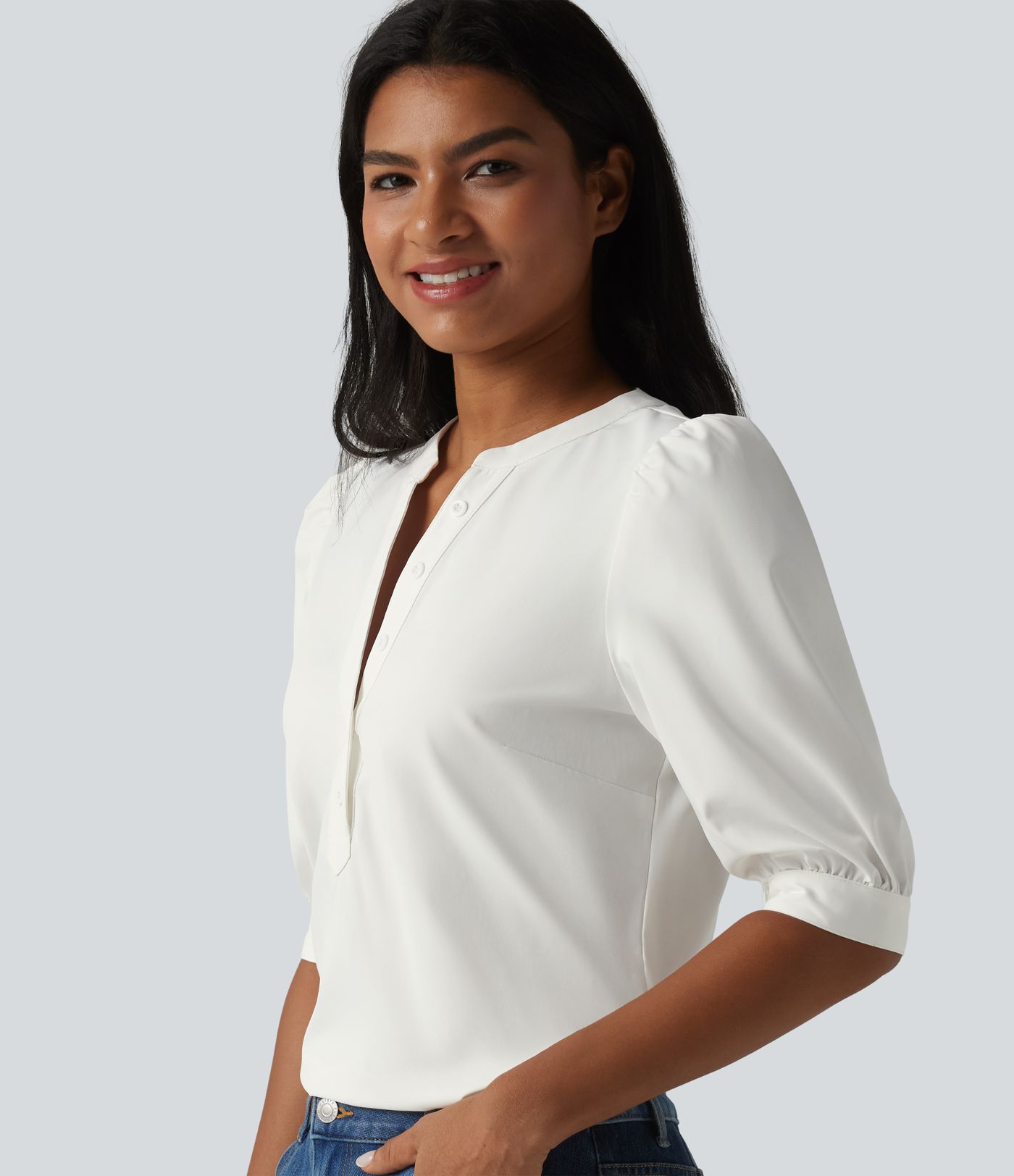 Henley Neck Puff Half Sleeve Casual Blouse Henley Neck Puff Half Sleeve Casual Blouse