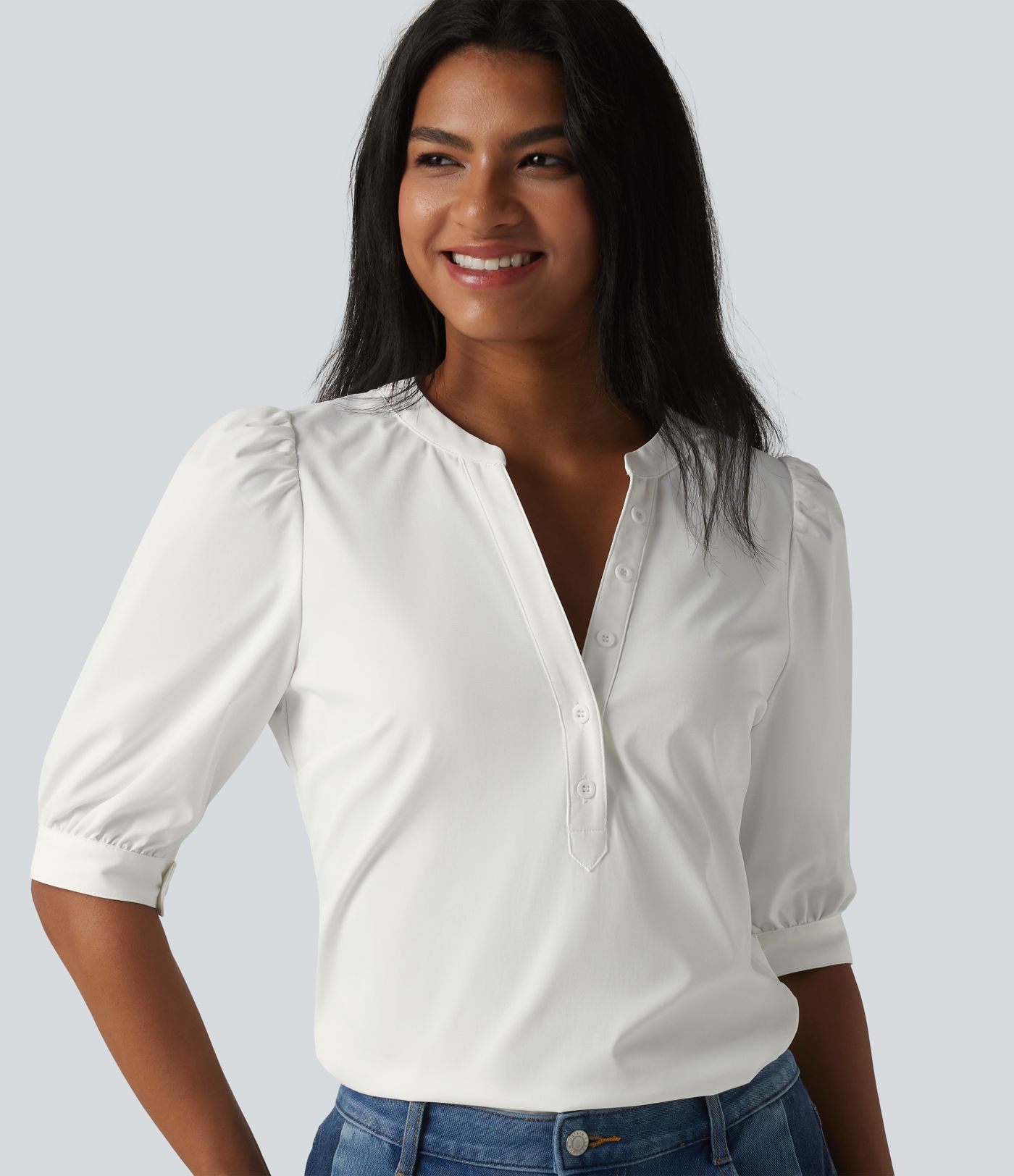 Henley Neck Puff Half Sleeve Casual Blouse Henley Neck Puff Half Sleeve Casual Blouse