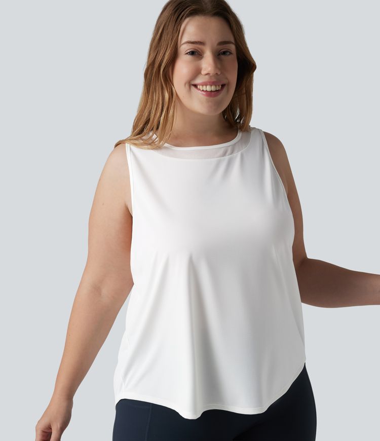 Plus Size Contrast Mesh Curved Hem Running Tank Top Plus Size Contrast Mesh Curved Hem Running Tank Top