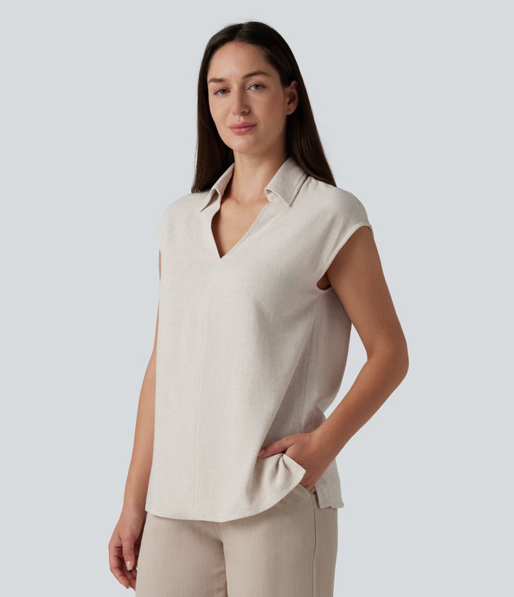 V-neck Sleeveless Split Hem Work Linen-Blend Blouse