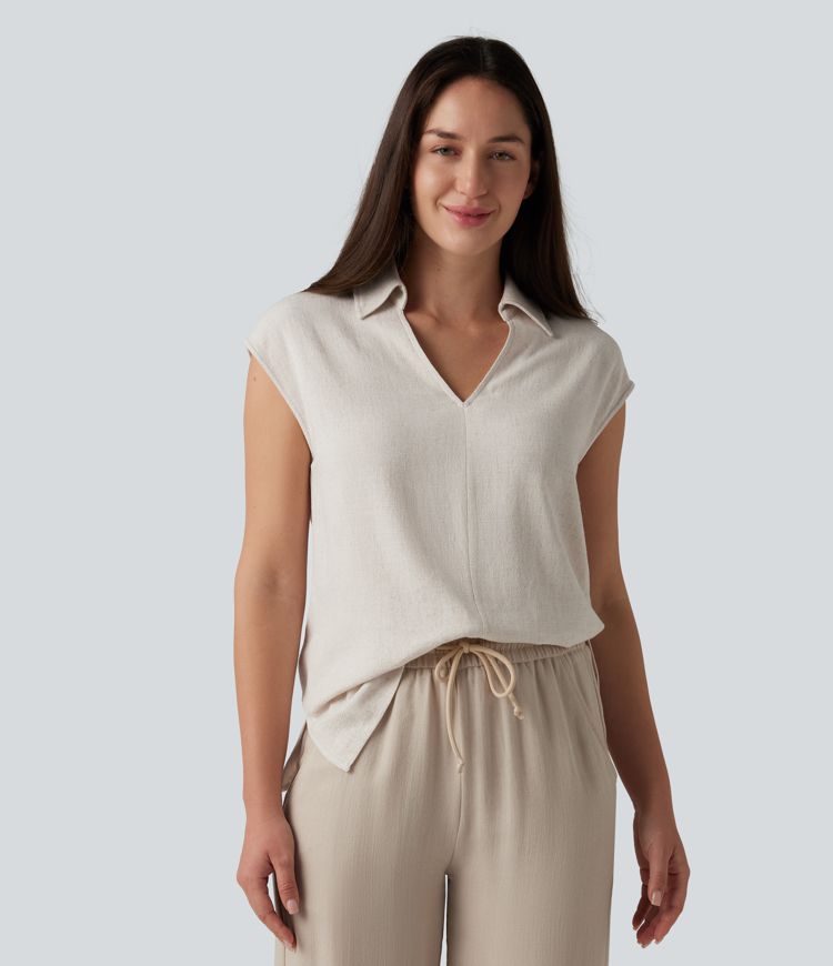 V-neck Sleeveless Split Hem Work Linen-Blend Blouse