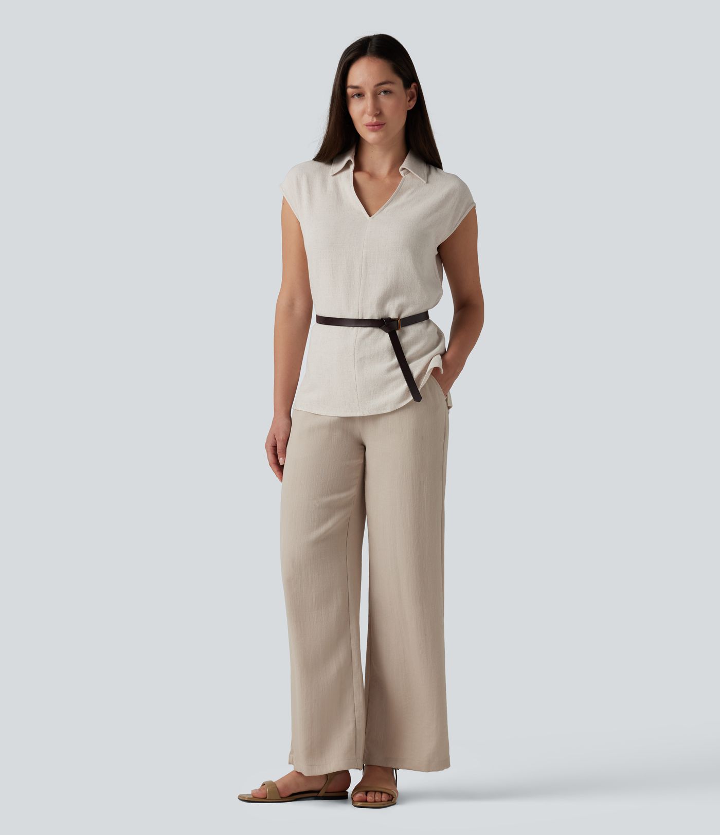 V-neck Sleeveless Split Hem Work Linen-Blend Blouse