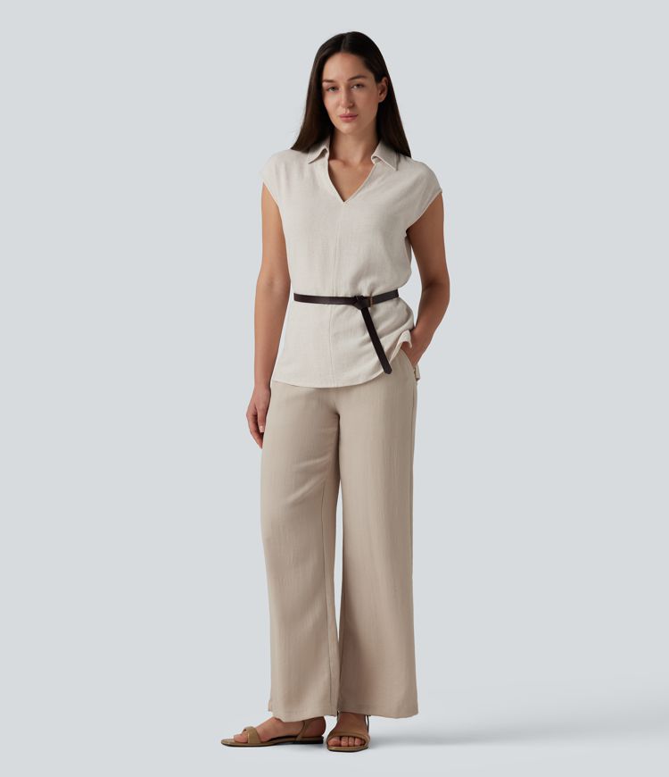V-neck Sleeveless Split Hem Work Linen-Blend Blouse