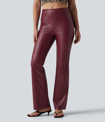 Hoch taillierte, elastische PU-Bootcut-Freizeithose mit Taschen