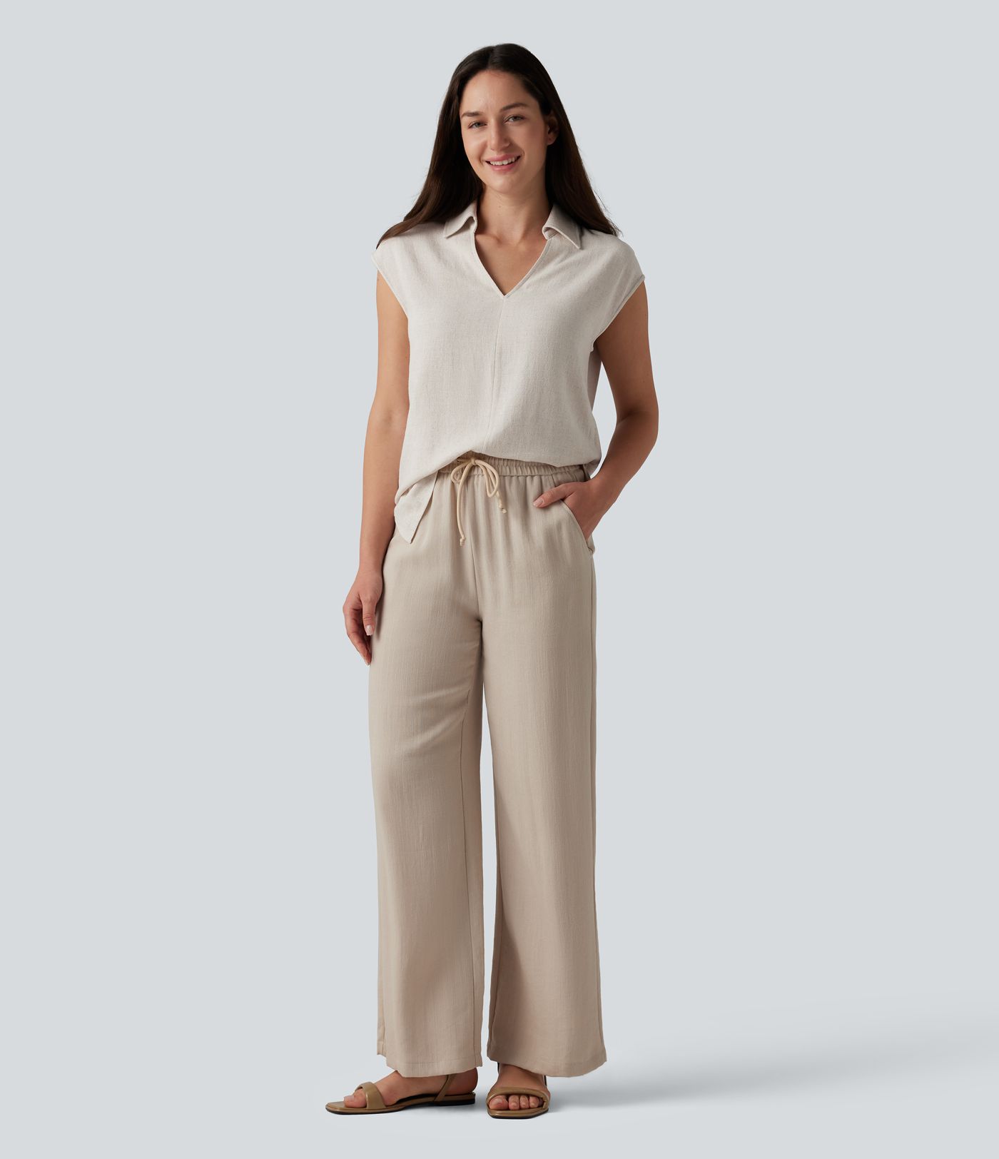 V-neck Sleeveless Split Hem Work Linen-Blend Blouse