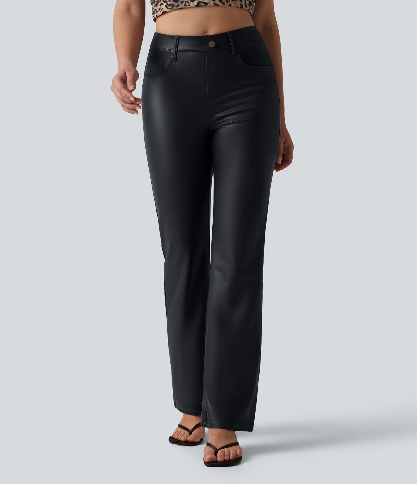 High Waisted Stretchy PU Bootcut Casual Pants with Pockets