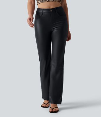 High Waisted Stretchy PU Bootcut Casual Pants with Pockets