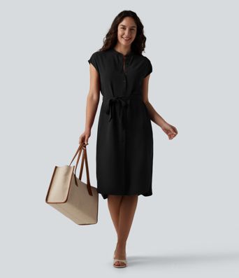 Robe-chemise midi de travail à manches courtes avec ceinture, ourlet arrondi et poches Robe-chemise midi de travail à manches courtes avec ceinture, ourlet arrondi et poches