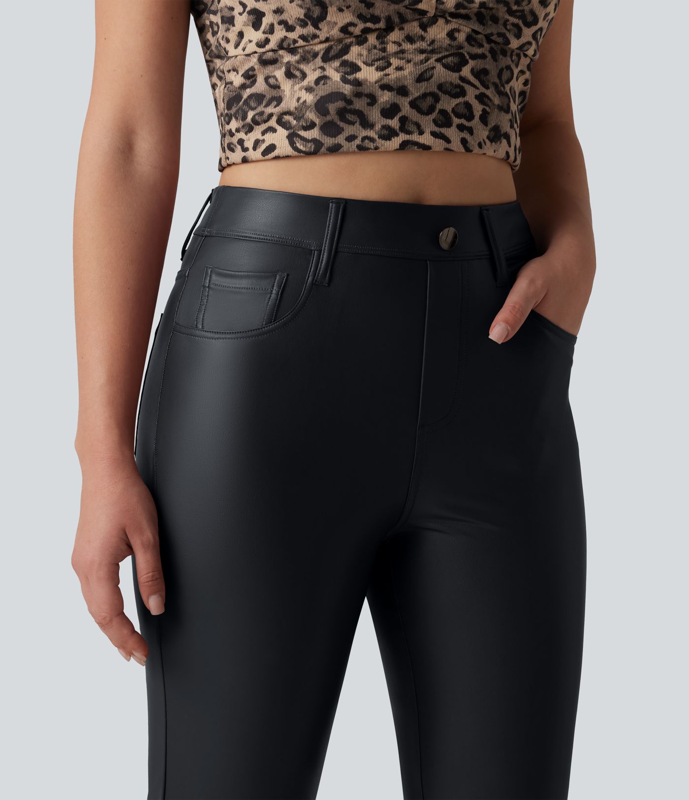 High Waisted Stretchy PU Bootcut Casual Pants with Pockets