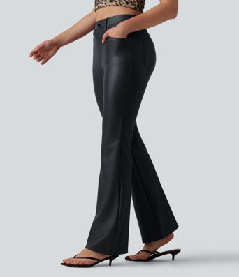 High Waisted Stretchy PU Bootcut Casual Pants with Pockets