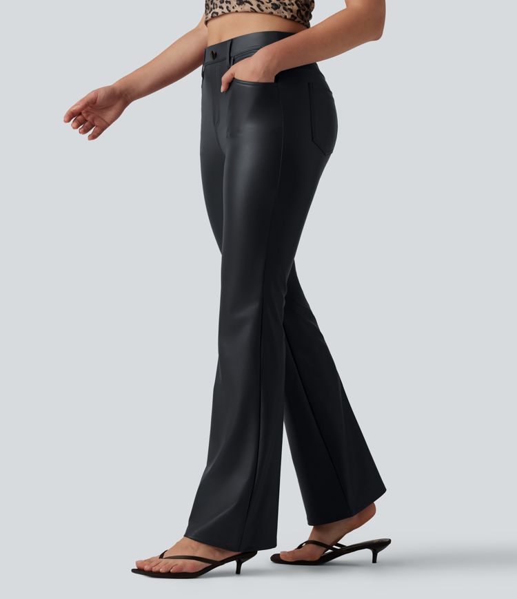 High Waisted Stretchy PU Bootcut Casual Pants with Pockets