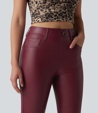 Hoch taillierte, elastische PU-Bootcut-Freizeithose mit Taschen