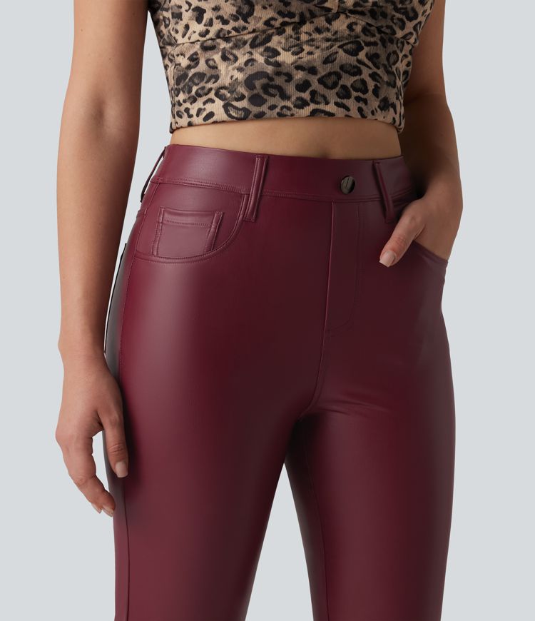 Hoch taillierte, elastische PU-Bootcut-Freizeithose mit Taschen