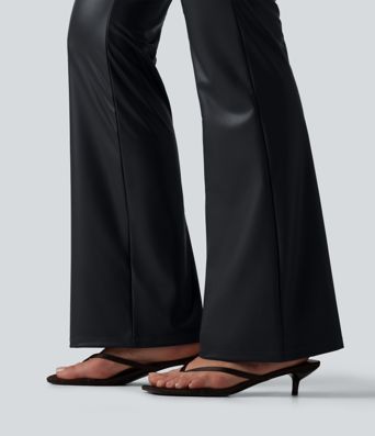 High Waisted Stretchy PU Bootcut Casual Pants with Pockets