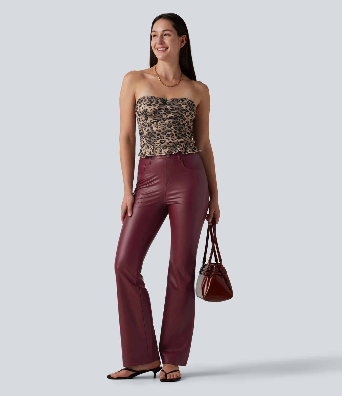 Hoch taillierte, elastische PU-Bootcut-Freizeithose mit Taschen