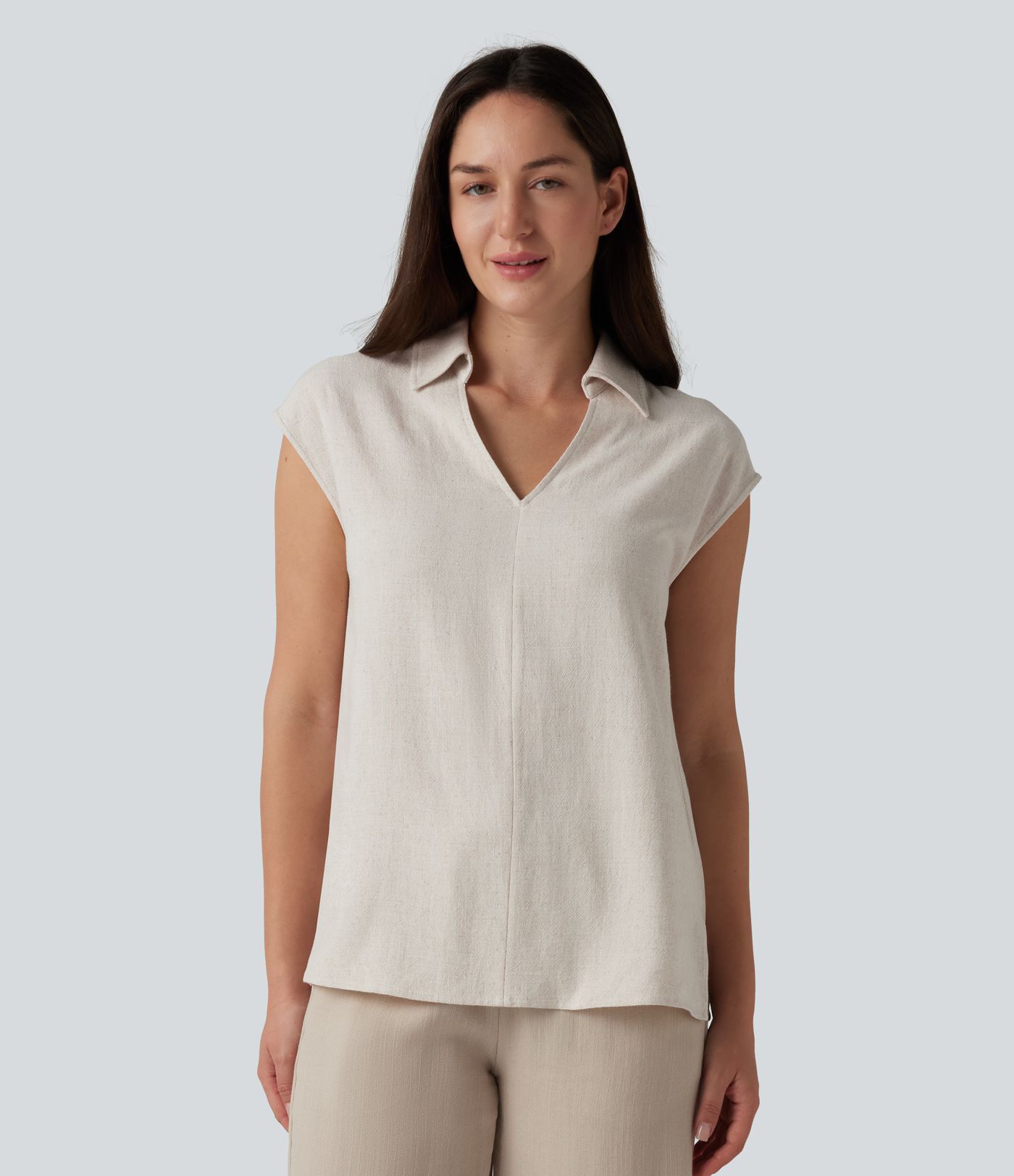 V-neck Sleeveless Split Hem Work Linen-Blend Blouse