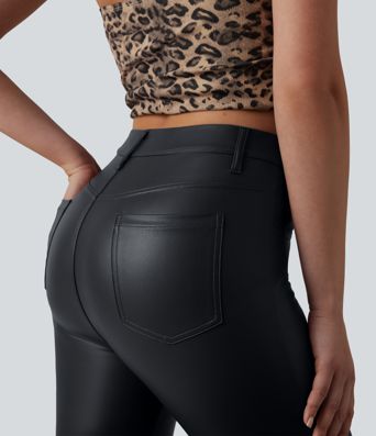 High Waisted Stretchy PU Bootcut Casual Pants with Pockets