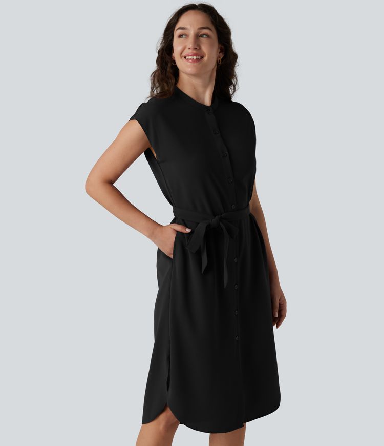 Robe-chemise midi de travail à manches courtes avec ceinture, ourlet arrondi et poches Robe-chemise midi de travail à manches courtes avec ceinture, ourlet arrondi et poches