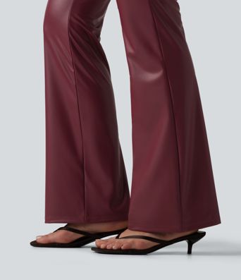 Hoch taillierte, elastische PU-Bootcut-Freizeithose mit Taschen