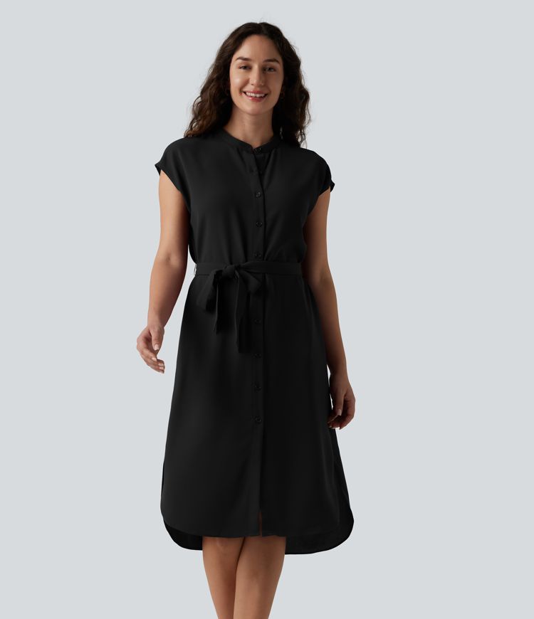 Robe-chemise midi de travail à manches courtes avec ceinture, ourlet arrondi et poches Robe-chemise midi de travail à manches courtes avec ceinture, ourlet arrondi et poches