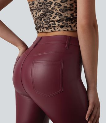 Hoch taillierte, elastische PU-Bootcut-Freizeithose mit Taschen