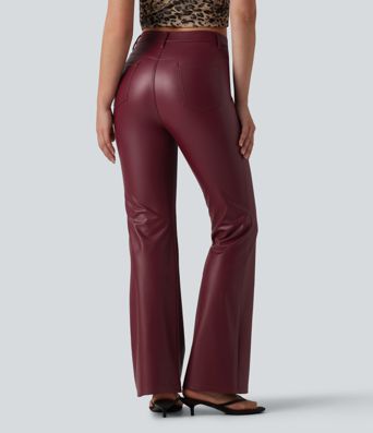 Hoch taillierte, elastische PU-Bootcut-Freizeithose mit Taschen