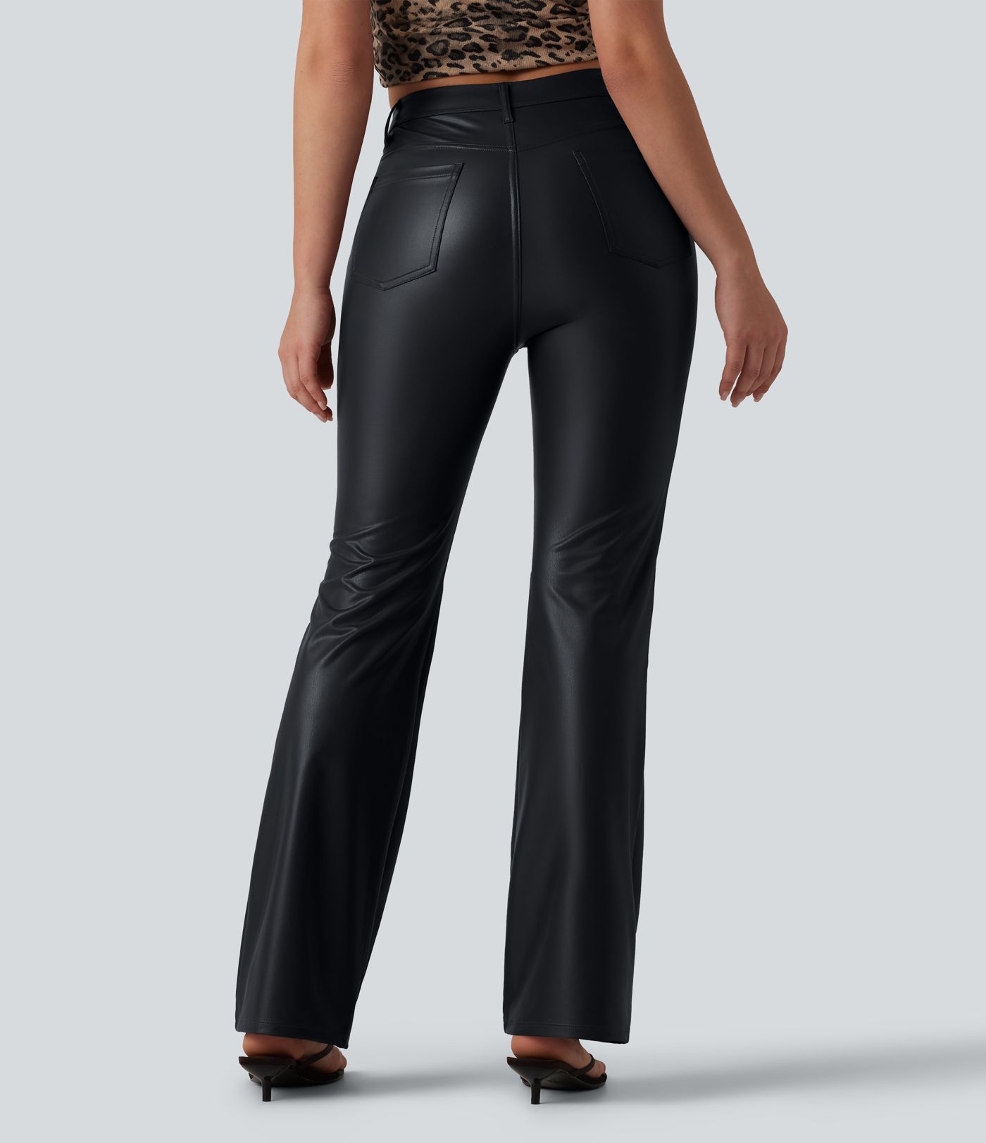 High Waisted Stretchy PU Bootcut Casual Pants with Pockets