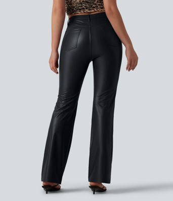 High Waisted Stretchy PU Bootcut Casual Pants with Pockets
