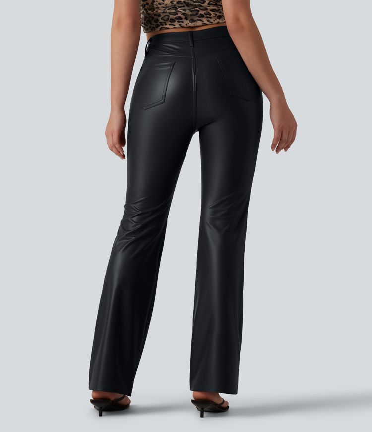 High Waisted Stretchy PU Bootcut Casual Pants with Pockets