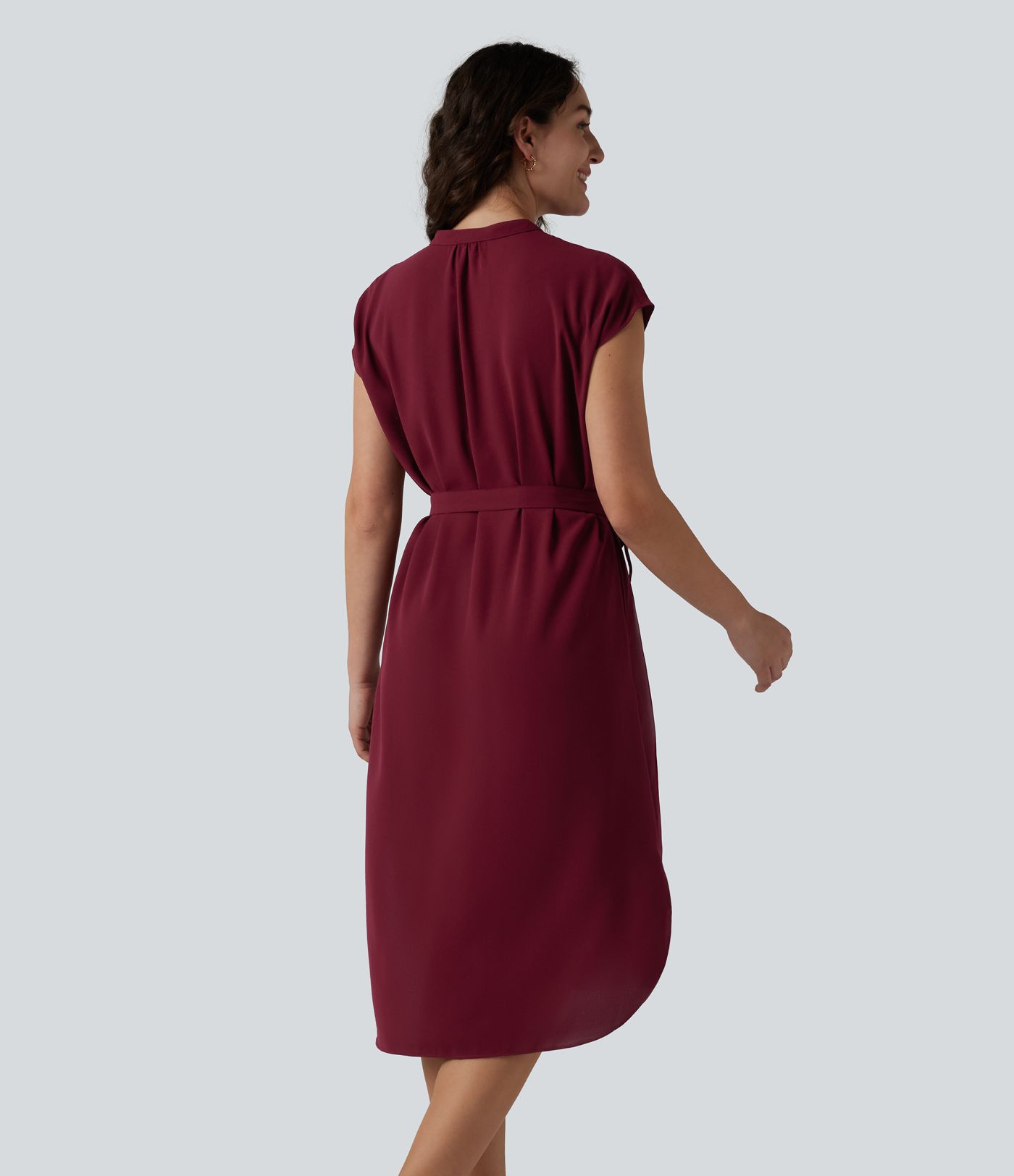 Short Sleeve Belted Curved Hem Midi Work Shirt Dress with Pockets
