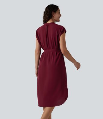 Short Sleeve Belted Curved Hem Midi Work Shirt Dress with Pockets