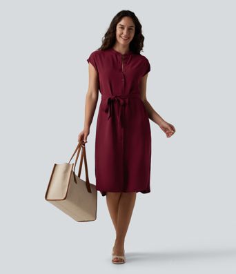 Short Sleeve Belted Curved Hem Midi Work Shirt Dress with Pockets