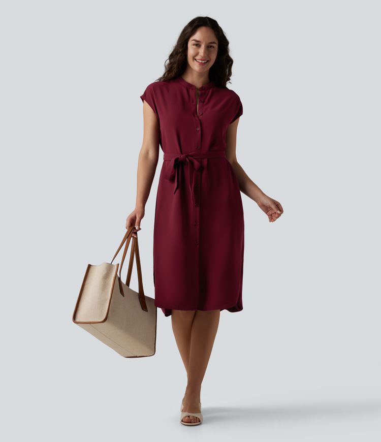 Short Sleeve Belted Curved Hem Midi Work Shirt Dress with Pockets