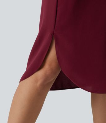 Short Sleeve Belted Curved Hem Midi Work Shirt Dress with Pockets