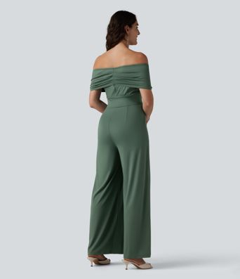 Off Shoulder Short Sleeve Built-in Bra Casual Jumpsuit with Pockets-Easy Peezy Edition Off Shoulder Short Sleeve Built-in Bra Casual Jumpsuit with Pockets-Easy Peezy Edition